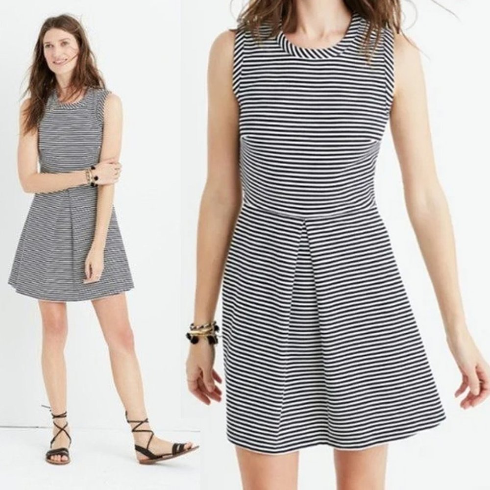 Madewell Black White Striped Ponte Knit Fit & Flared Nautical Mini Dress S $98